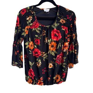 Ember Womens Floral Boho Ruched Bell Sleeves Elastic Hem Flowy Shirt Blouse M